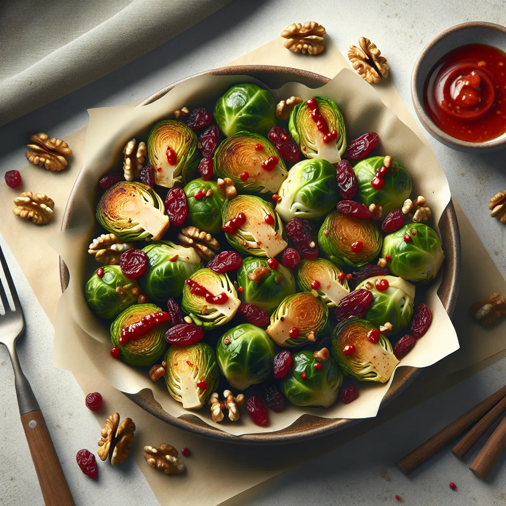Spicy Gochujang Brussels Sprouts with Toasted Walnuts and Cranberries