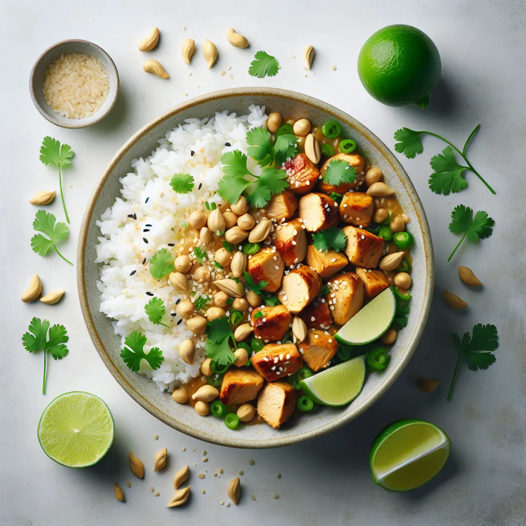 Zesty Ginger Peanut Chicken Delight with Creamy Coconut Rice
