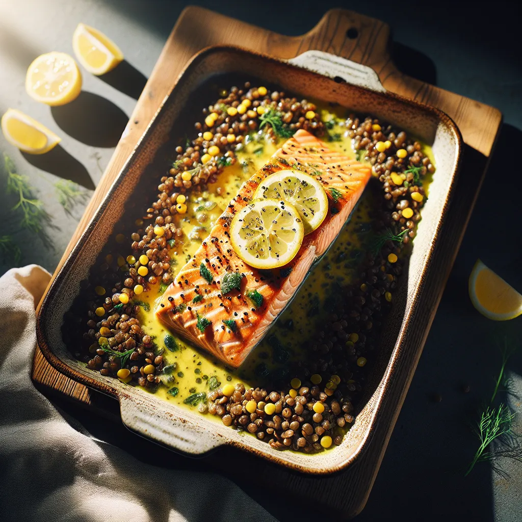 One-Pan Salmon and Lentil Delight with Zesty Lemon Herb Dressing